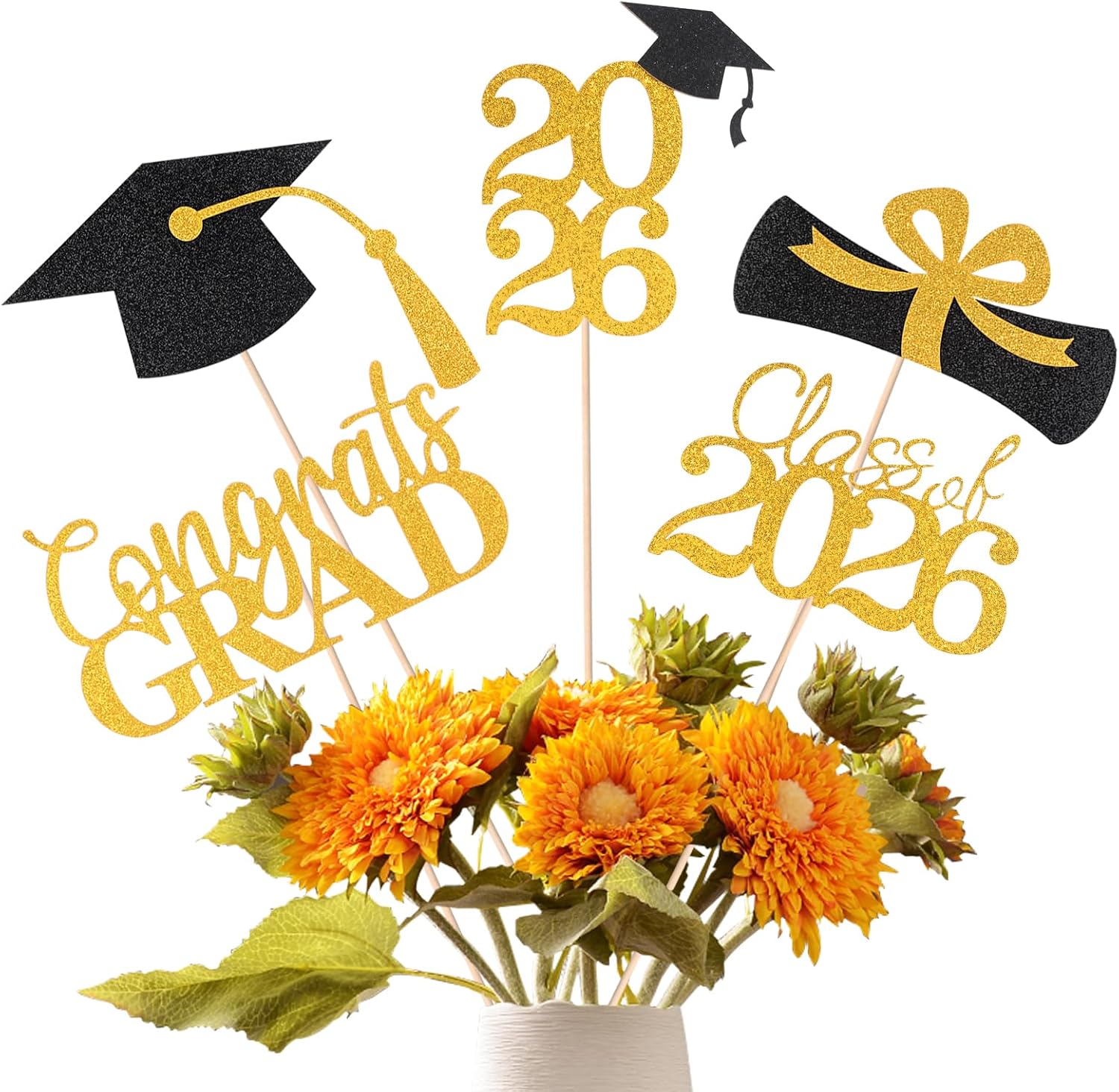 Graduation Decorations 2026, 20 PCS Sparkling Black Double-Sided Centerpiece Sticks for Tables, Class of 2026 Table Toppers and Party Supplies