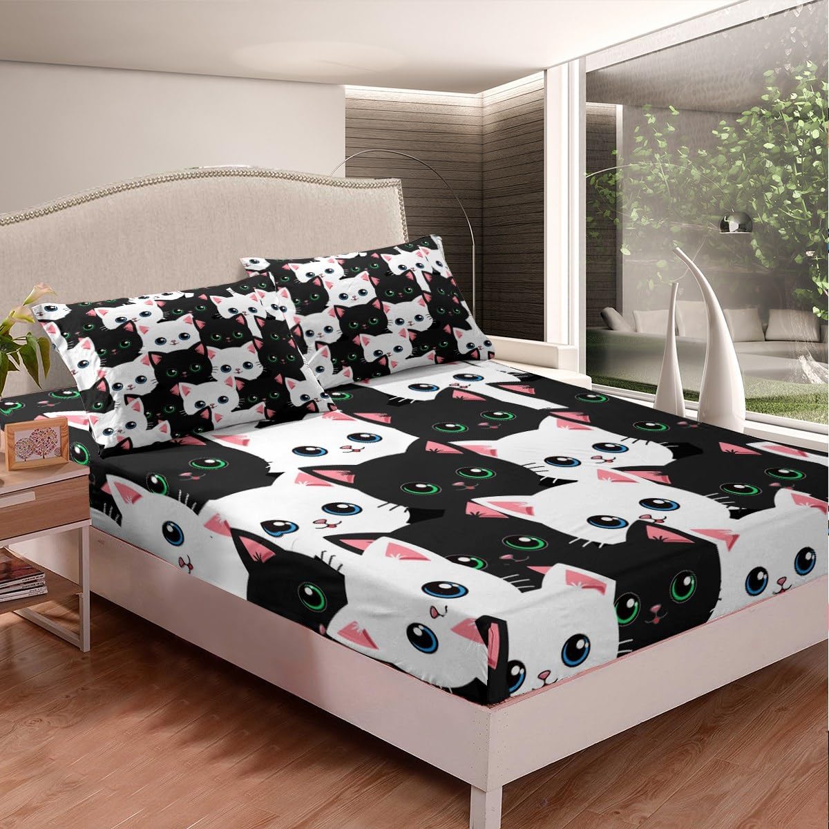 Feelyou Cartoon Cat Sheet Set Gradient Line Cat Bedding Set Cute Cat Bed Sheets for Teens Kids Boys Girls Adults Decor Black White Bed Set Room 3Pcs Queen Size