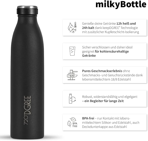 720°DGREE Vaccum Insulated Water Bottle “milkyBottle“ - 1litre - Leakproof, BPA-Free, Thermo Stainless Steel Flask - Sports, Gym, Fitness, School, Kids, Travel, Outdoor, Hot, Cold & Carbonated Drinks - 2