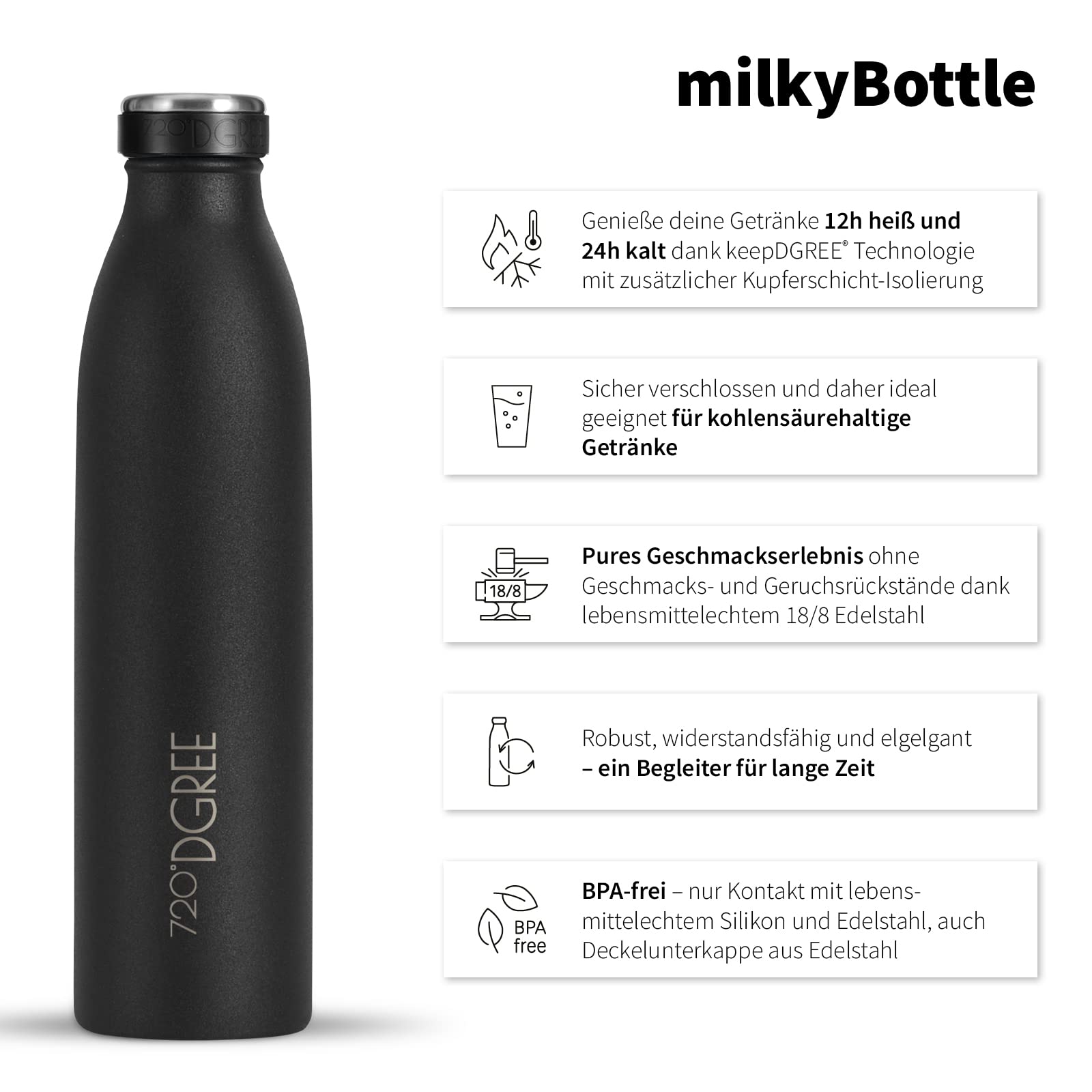 720°DGREE Edelstahl Trinkflasche “milkyBottle” - 1L - BPA-Frei, Auslaufsicher, Kohlensäure geeignet - Thermosflasche für Sprudel, Sport, Uni, Schule, Fitness, Outdoor, Camping - 3