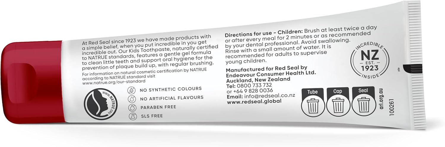 Red Seal Kids Toothpaste - Tutti Frutti Flavor, Fluoride Free, No Synthetic Colors, Paraben & SLS-Free, Vegan, Cruelty-Free, NATRUE Certified - Ideal for Parents Seeking Natural Oral Care, 2.47oz