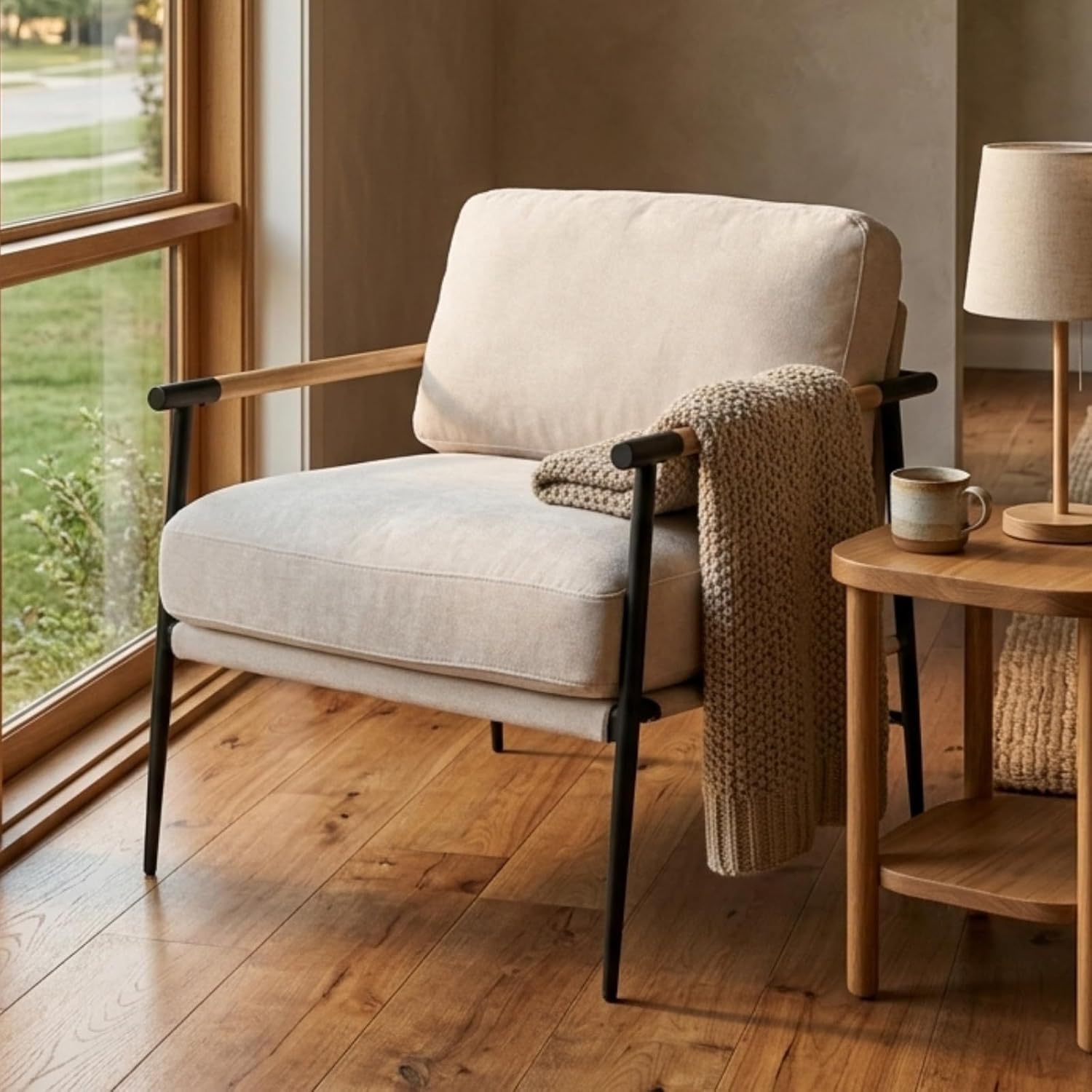 Sillón Lounge Tela Chenille Beige Metal Negro