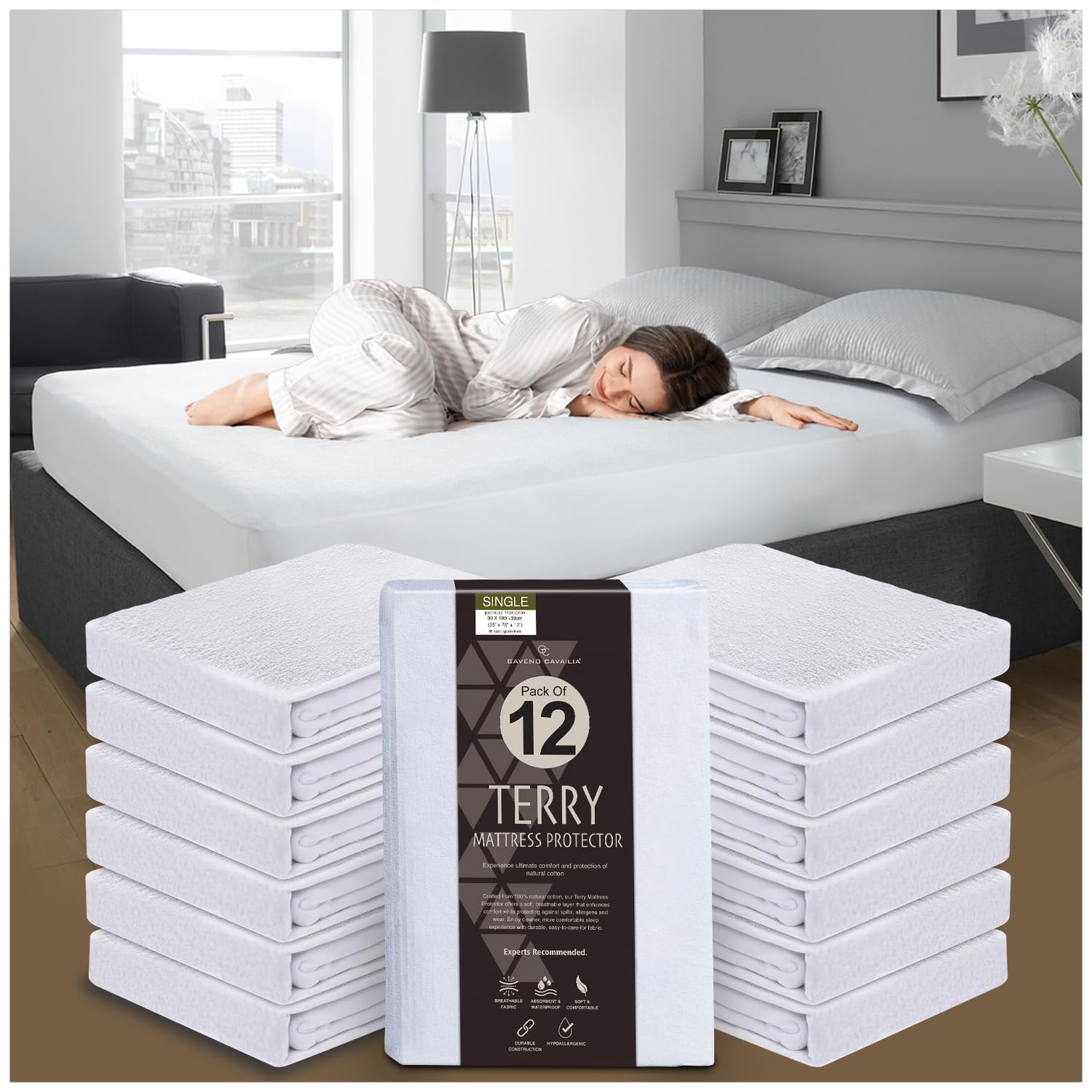 GC GAVENO CAVAILIA Pack of 12 Waterproof Mattress Protector - 30cm Deep Terry Mattress Protectors - Polycotton Mattress Cover for Bed - Single Mattress Cover Fitted Sheet (190 x 90cm) - White — image 1