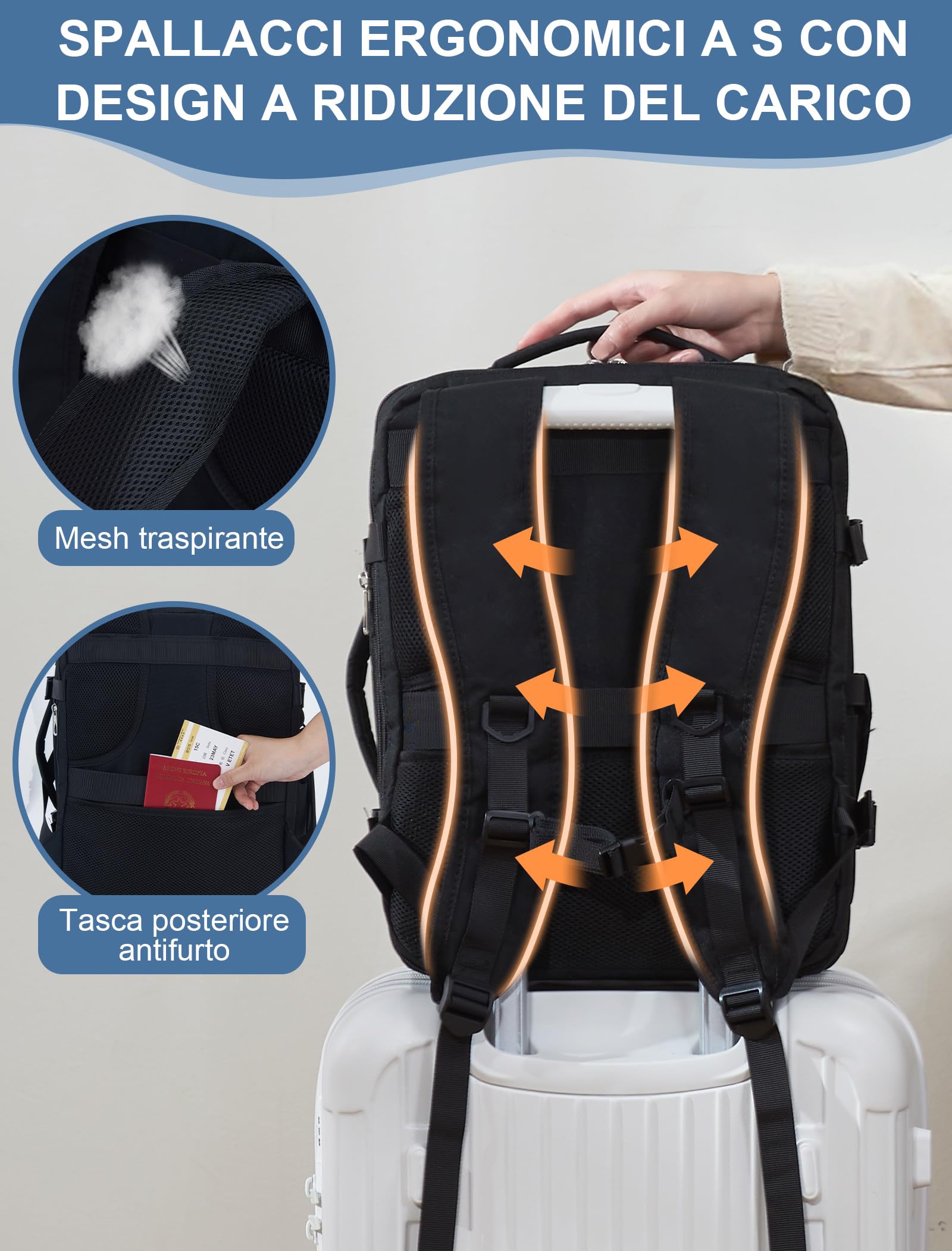 Zaino Ryanair 40x30x20 Bagaglio a Mano per Wizzair/Vueling (24-30L Espandibile) Zaini da Viaggio Cabina,Borsa Aereo Porta PC Laptop 15.6" Per Donna,Uomo,Trekking e Lavoro.Travel Backpack Nero
