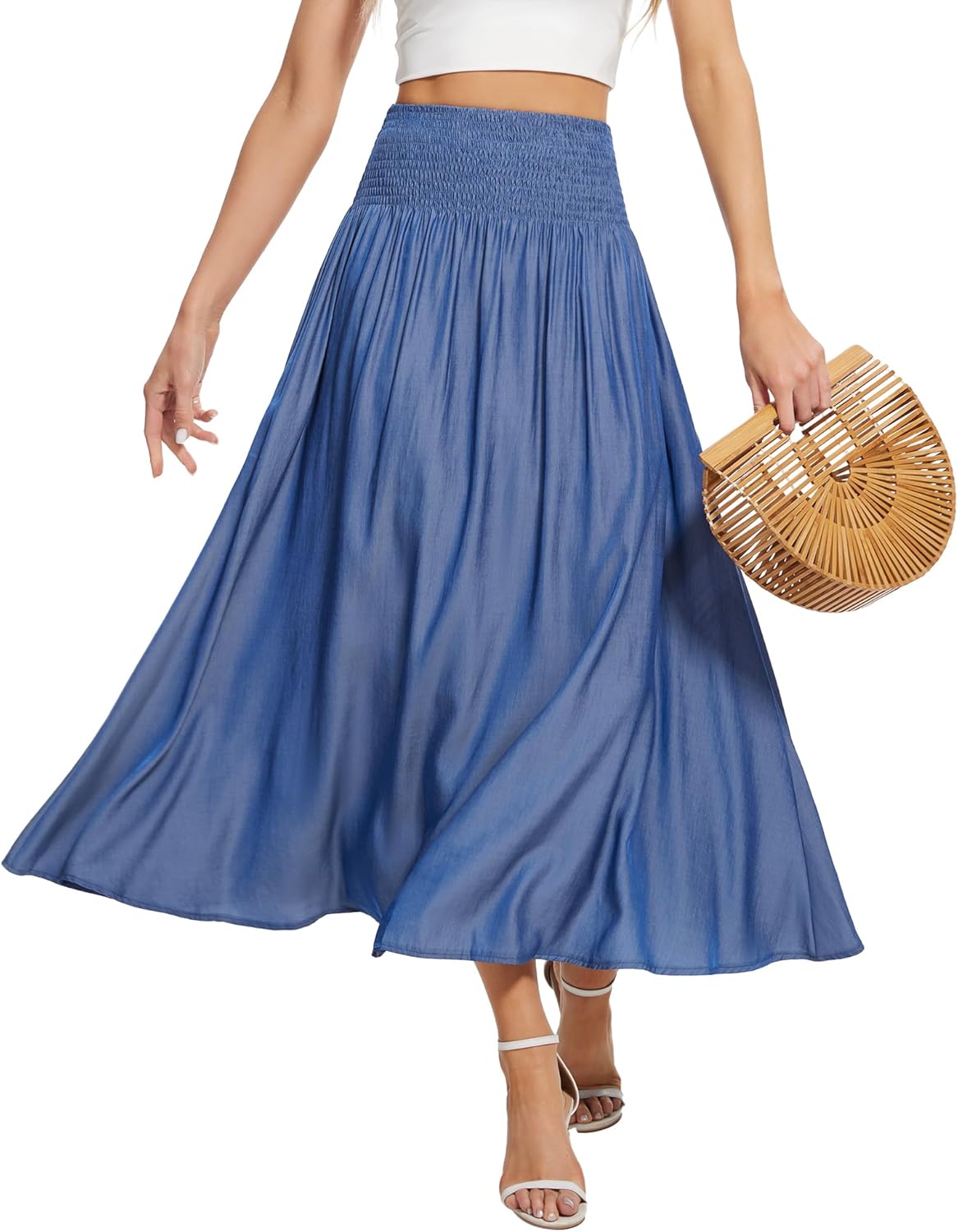 Women's Elastic High Waisted Midi Skirts with Pockets Trendy A-Line Flowy Swing Basic Skirt