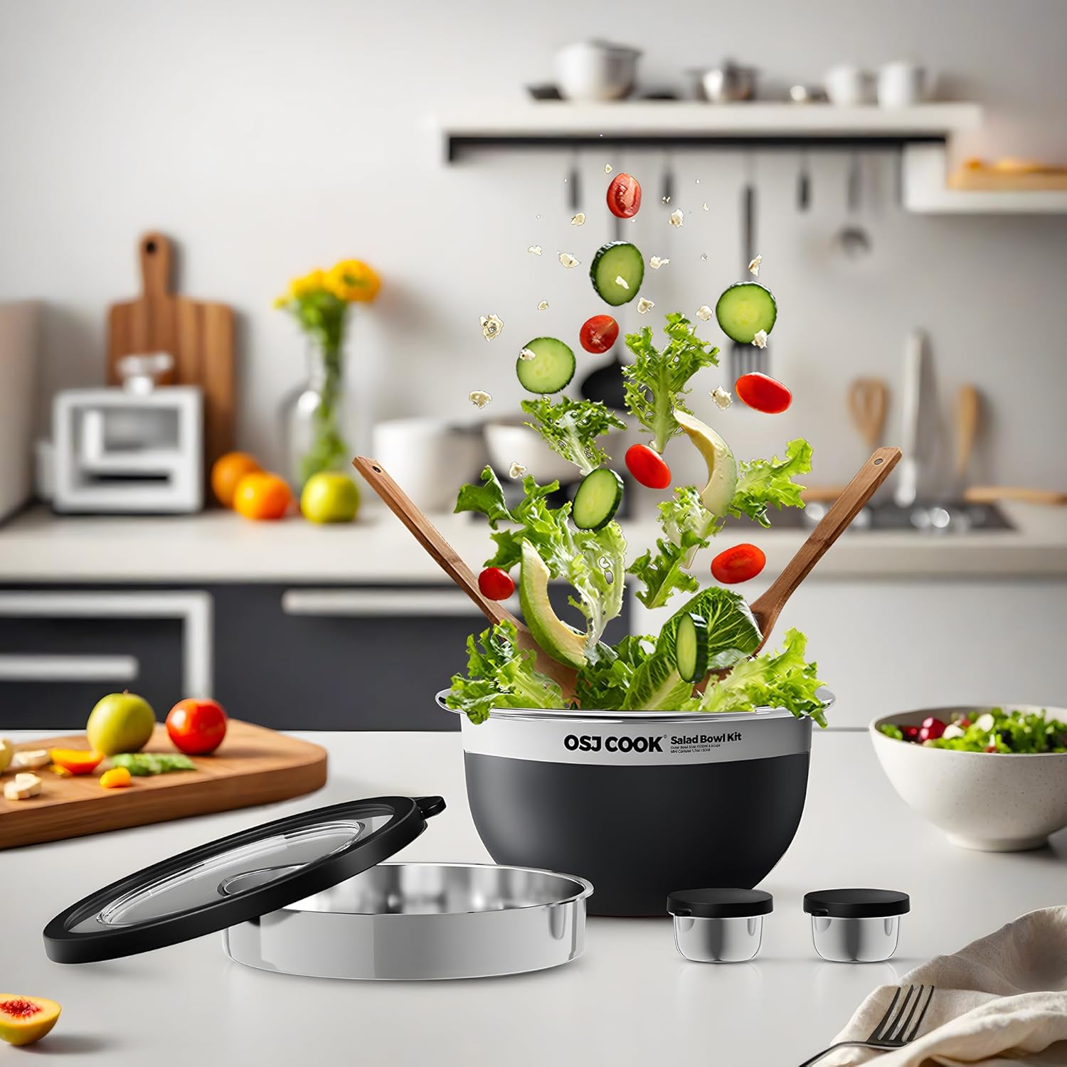 18/8 Stainless Steel Salad Bowl Kit - 74oz, Mixing Bowls with Lids Set, Teakwood - Comes with 1.7oz Condiment Container and Removable Tray for Organization - Leak-Proof, Dishwasher Safe (Black)