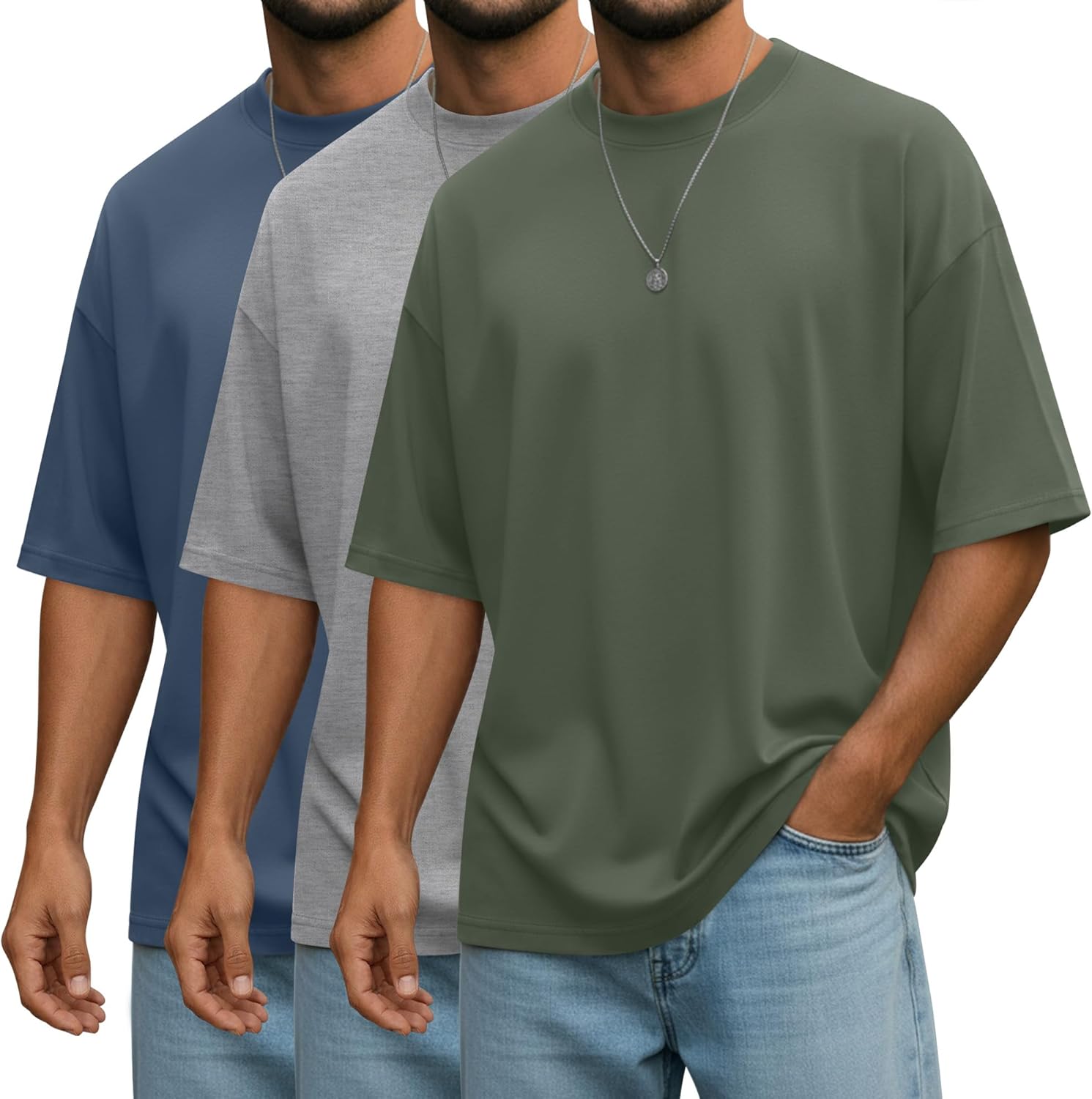 3 Pack Men's Oversized Short Sleeve T Shirts Unisex Crew Neck Drop Shoulder Casual Basic Tees Loose Fit Baggy Tops
