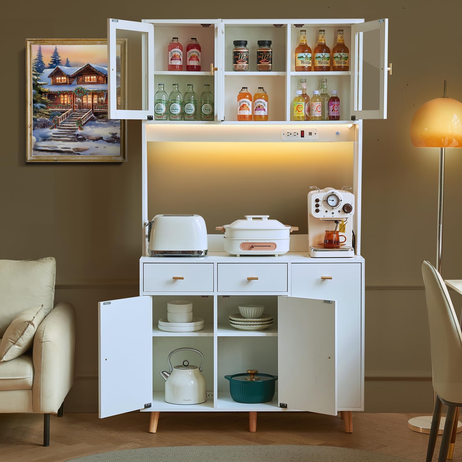 Kitchen Pantry Storage Cabinet with Power Outlet & Light, 73'' Freestanding Hutch Cabinet with Glass Door & Microwave Stand, Tall Cabinet for Dining Room, Adjustable Shelves, White…