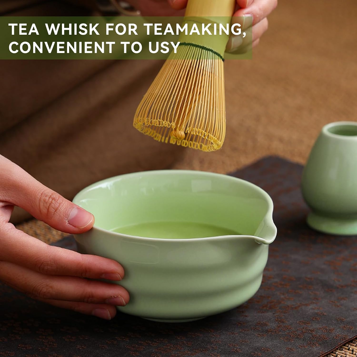 7-Piece Ceramic Matcha Whisk Set - Traditional Japanese Tea Ceremony Kit with Chasen Whisk, Chawan Bowl, Chashaku Scoop, Sifter & Towel for Beginners & Pros (Green)