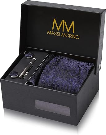 Massi Morino Tie and Pocket Square Set for Men incl. Cufflinks, Tie Clip and Gift Box | Men s Tie Set for Weddings