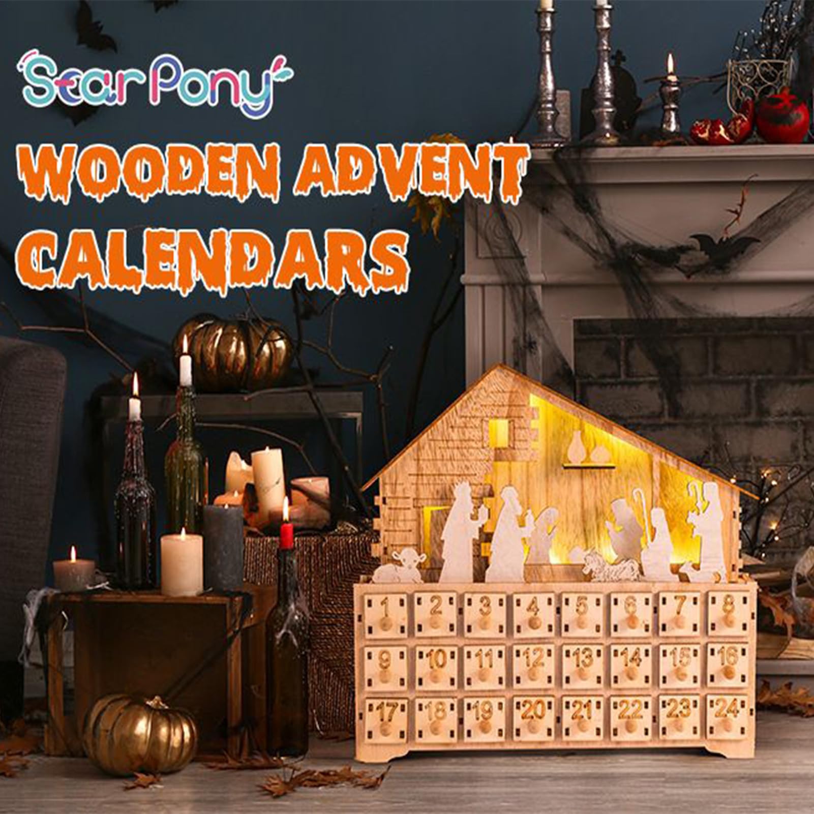 Haus Weihnachtskrippe, Advent, Weihnachtsdekoration, handgefertigt, aus christlichem Holz | Countdown LED-beleuchtete Schublade für den Innenbereich, für Feiertage für Kinder, Erwachsene, Weihnachtsdekoration, Krippe