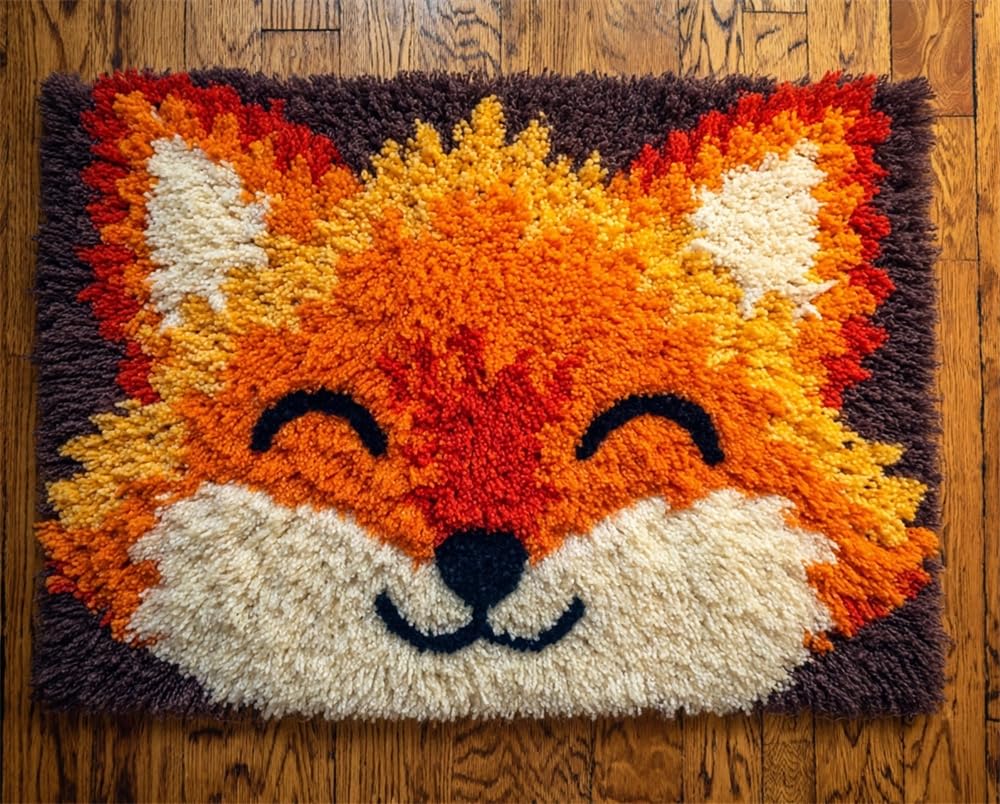 Kitquiver Rug Kits for Adults Latch Hook Pre Printed Smiling Fox DIY Crafts Crochet Yarn Handmade Embroidery with Printed Canvas Needlework for Home Decor 21X29In