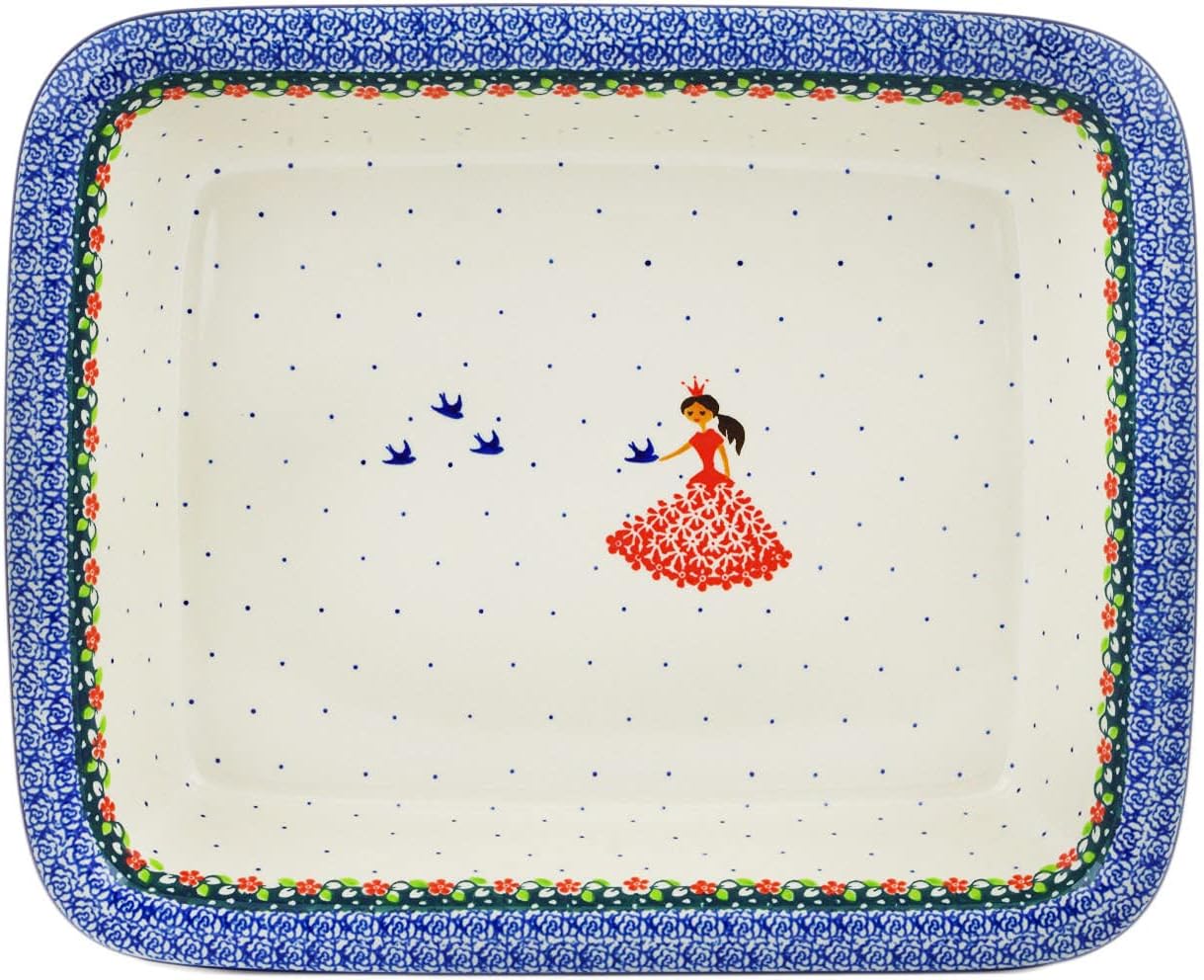 Polmedia Polish Pottery Rectangular Baker - Bird Princess Pattern Handmade in Boleslawiec Poland by Ceramika Artystyczna + Certificate of Authenticity