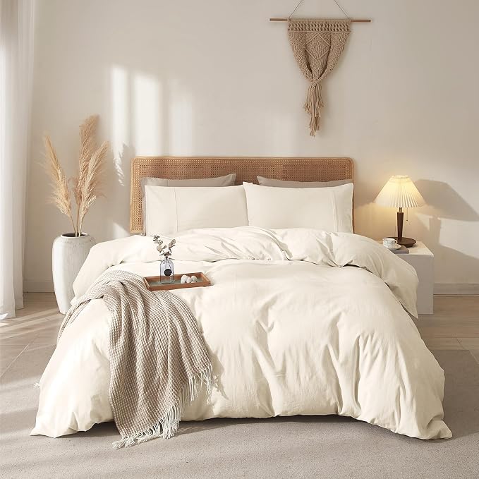 100% Linen Duvet Cover, Pure French Flax Linen Duvet Cover King, Breathable Soft Durable Luxury with 8 Corner Ties and Zipper Closure - White 3 Pieces (1 Duvet Cover 2 Pillowcases)