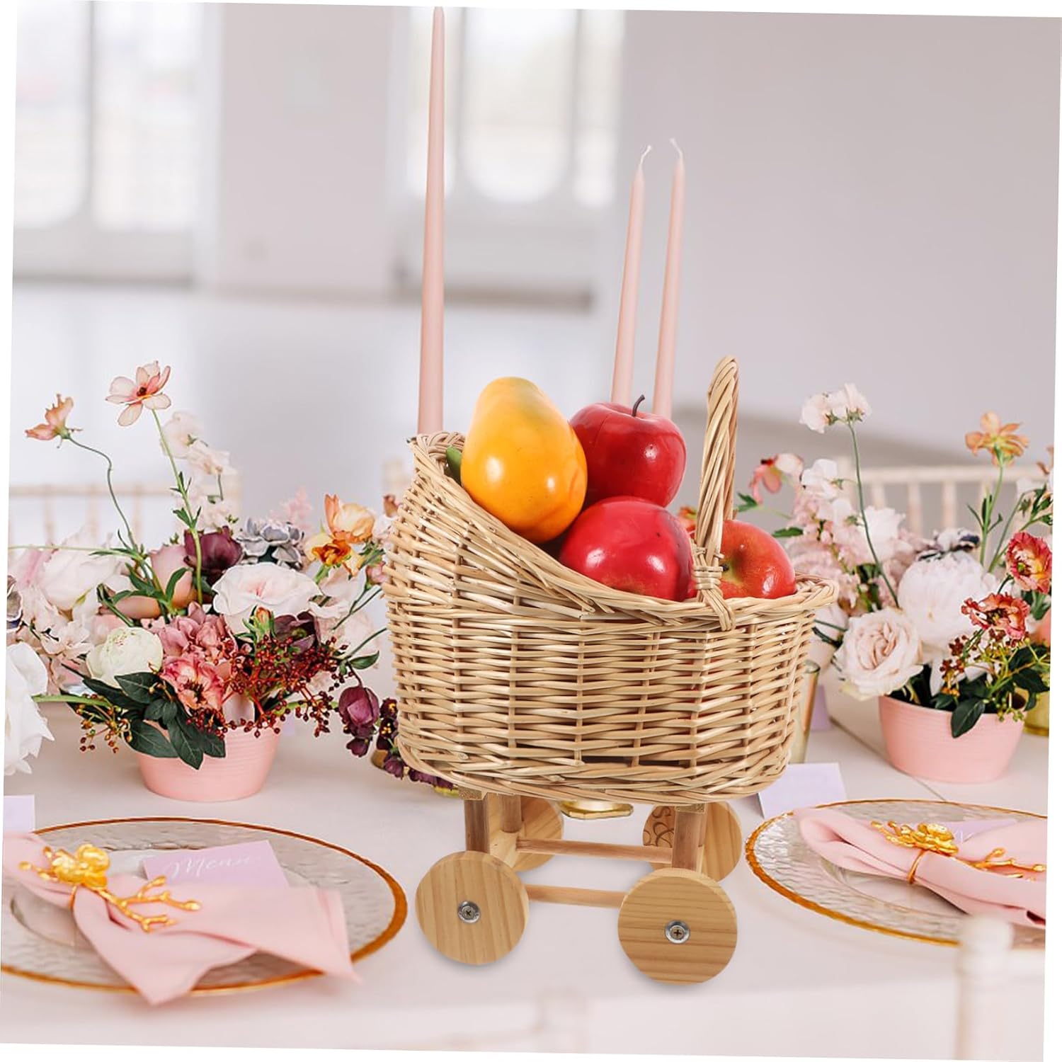 Stroller Shaped Woven Flower Basket with Handles Rustic Rattan Basket for Wedding Decorations Shower and Party Centerpieces Versatile Floral Caddy for Fresh Flowers