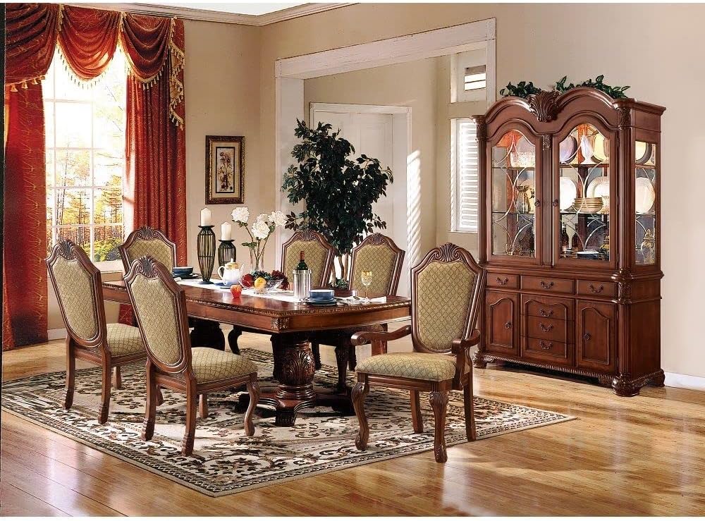 Traditional 7-Piece Dining Room Set with Dining Extendable Table, 4 Side Chairs and 2 Arm Chairs, Set for 6 Persons (Cherry&Fabric)