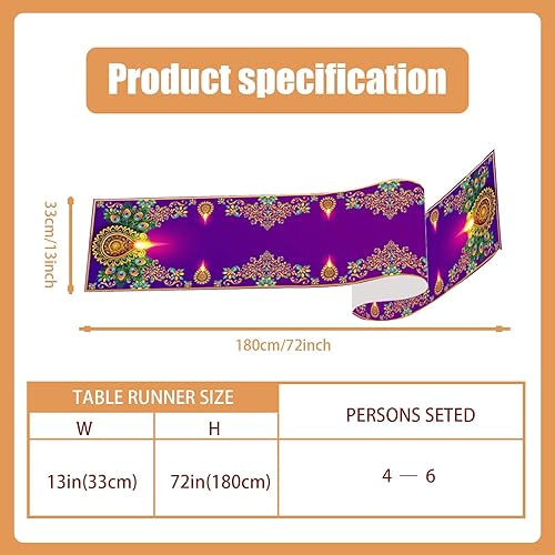 Miniatura 5 de Camino de mesa de lino Diwali de 13 x 72 pulgadas, decoración india de Diwali para el hogar, cocina, comedor, mesa
