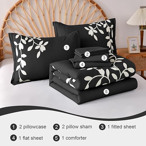 Miniatura 6 de Juego de edredón tamaño Queen - Juego de 7 piezas con diseño floral botánico sobre negro, juegos de edredón Queen con sábanas y almohadas, juego de