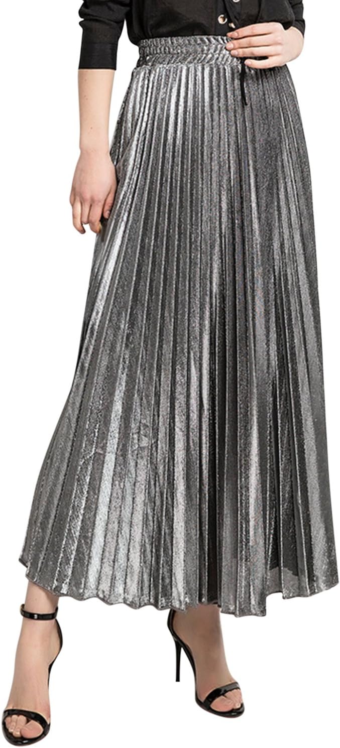 Pleated Maxi Skirts Women's Elastic Waist Flowy A-Line Swing Dress Summer Autumn Party Skirt