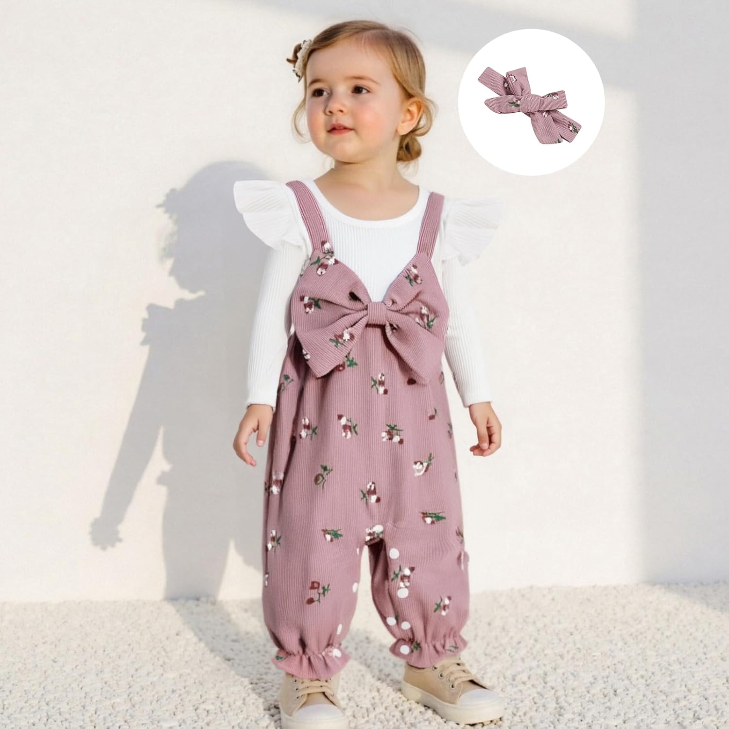 Newborn Baby Girl Fall Clothes Corduroy Floral Bow Onesie Jumpsuits Ruffle Long Sleeve Outfit Infant Cute Romper - Image 4