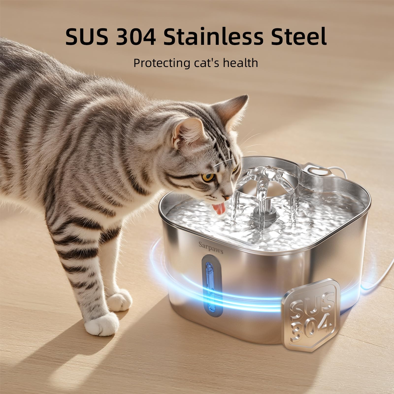 Cat Water Fountain Stainless Steel?74oz/2.2L Water Fountains for Cats Indoor, Cat Fountains for Drinking, Ultra-Quiet, Water Level Window, Pet Water Fountain - 2 Filters + 2 Sponges