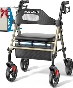 HOMLAND Foldable Rollator Walker with Seat for Seniors, 16" Enlarged Seat | 8" Big Wheels, 16"12"x1.9" Thick Padded Seat, Adjustable Seat & Handle Height, Tool-Free Assembly, All Terrain Mobility Aid