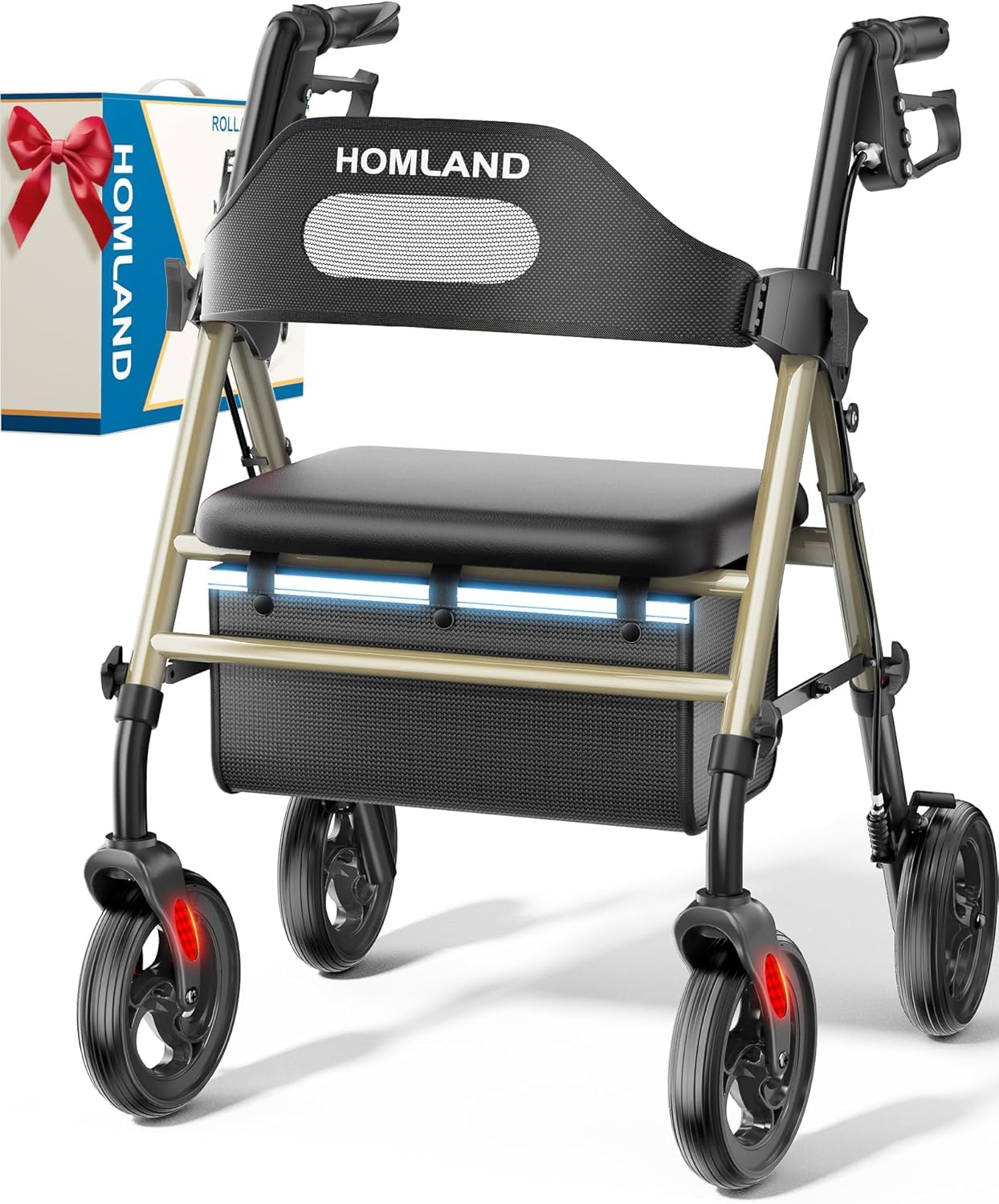 HOMLAND Foldable Rollator Walkers with Seat for Seniors, 8'' Big Wheels, 350 lb. Weight Capacity, Adjustable Handles and Seat Height, Lightweight Rolling Walker, Gold
