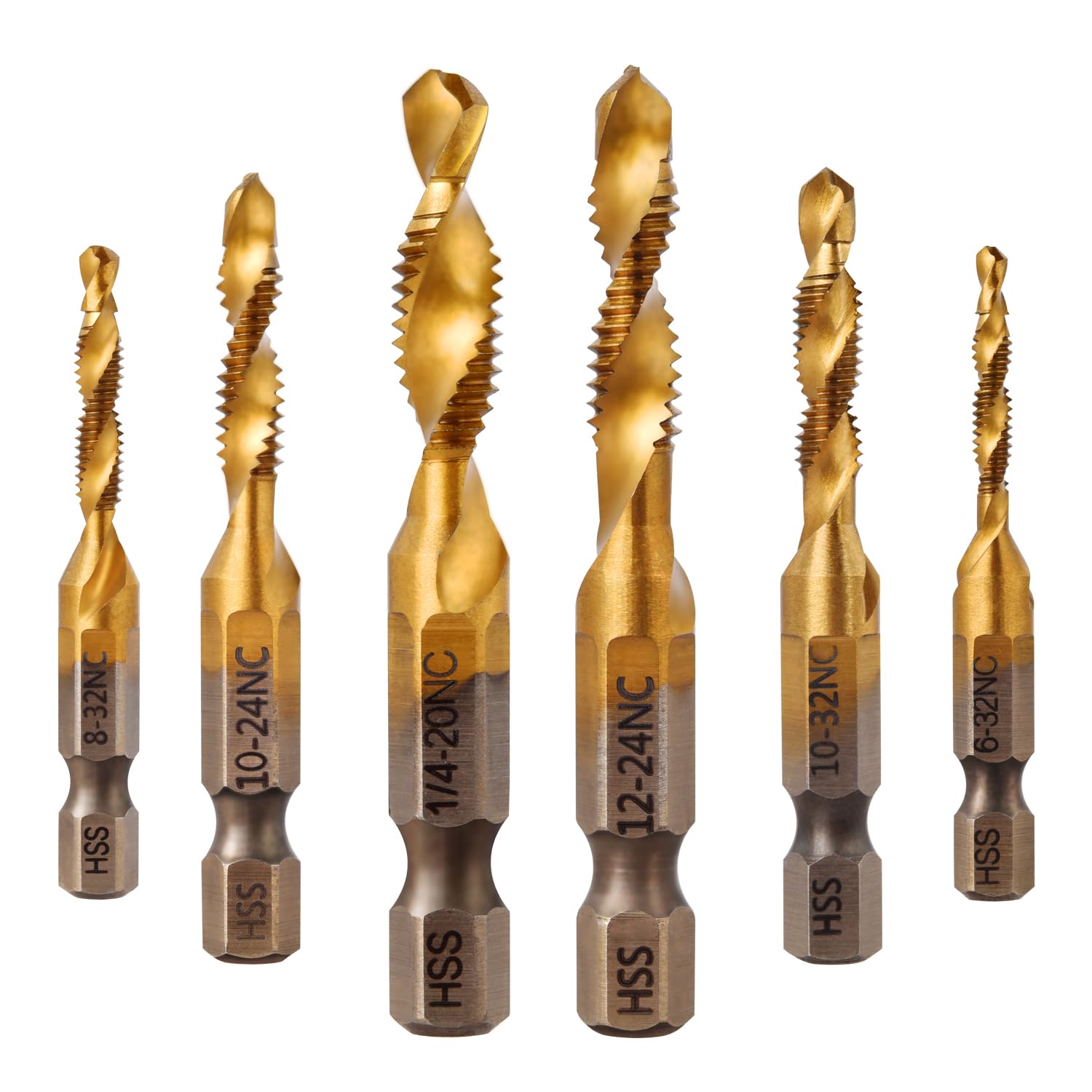 6 Pack Taps Bit Set - Titanium Combination Drill Tap Bit Set Screw Tapping SAE 6-32NC 8-32NC 10-24NC 10-32NC 12-24NC 1/4-20NC (6 Pcs Tap Set)