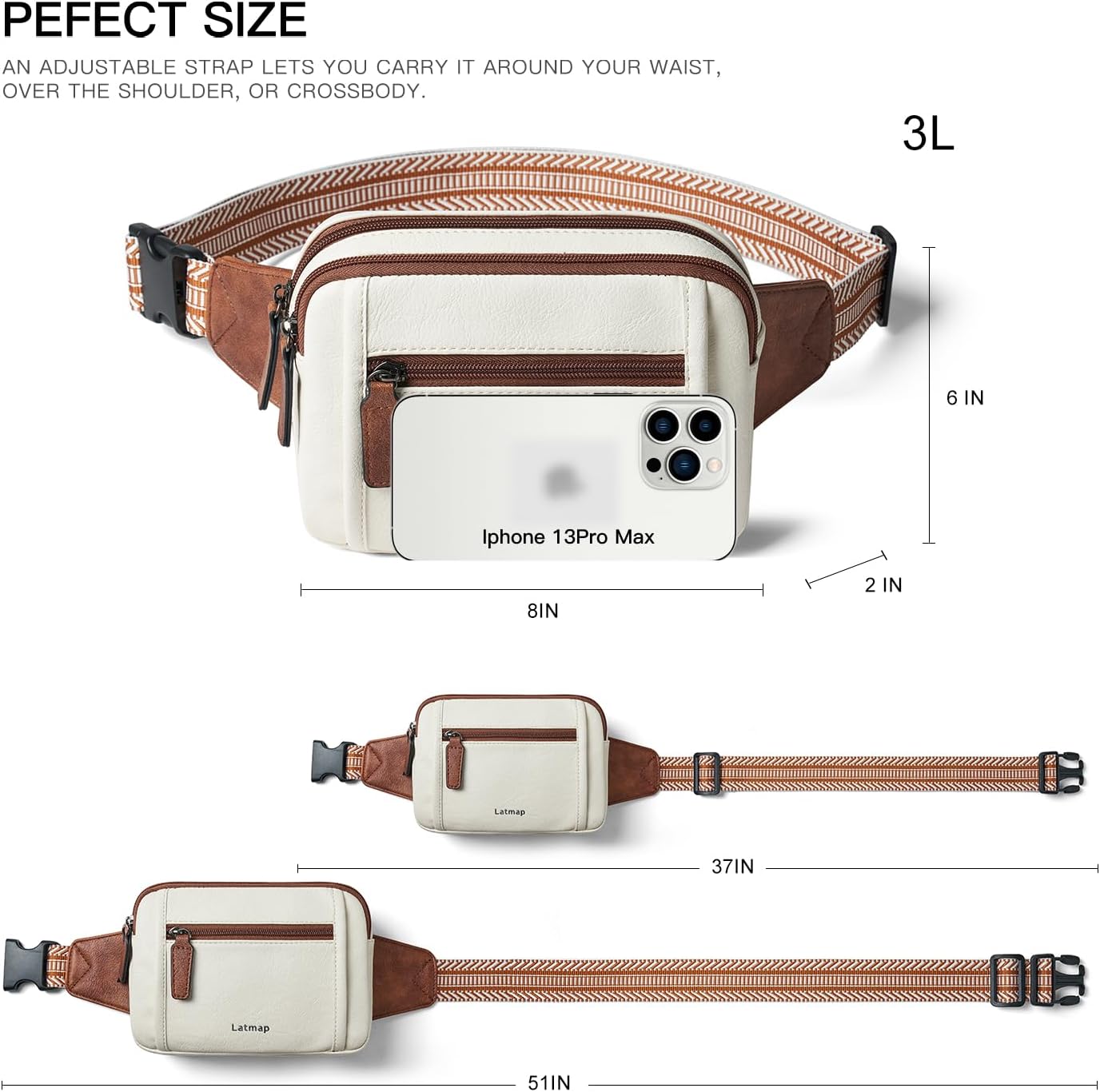 3L TRIPLE ZIP Fanny Packs Belt Bag For Women Men Crossbody Waist Pack Sling Chest Bum Travel Bag Purse Faux Leather Fashion Cute Beige - Image 4