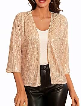 Champagne Sequin Jackets Cardigan for Women Lightweight 3/4