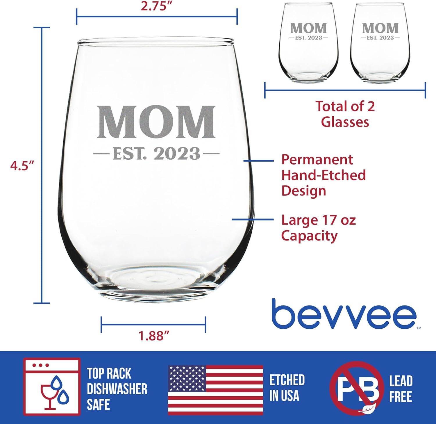 Bevvee Mom Est 2023 - New Mother Stemless Wine Glass Gift for First Time Parents - Set of 2 - Bold 17 Oz Large Glasses
