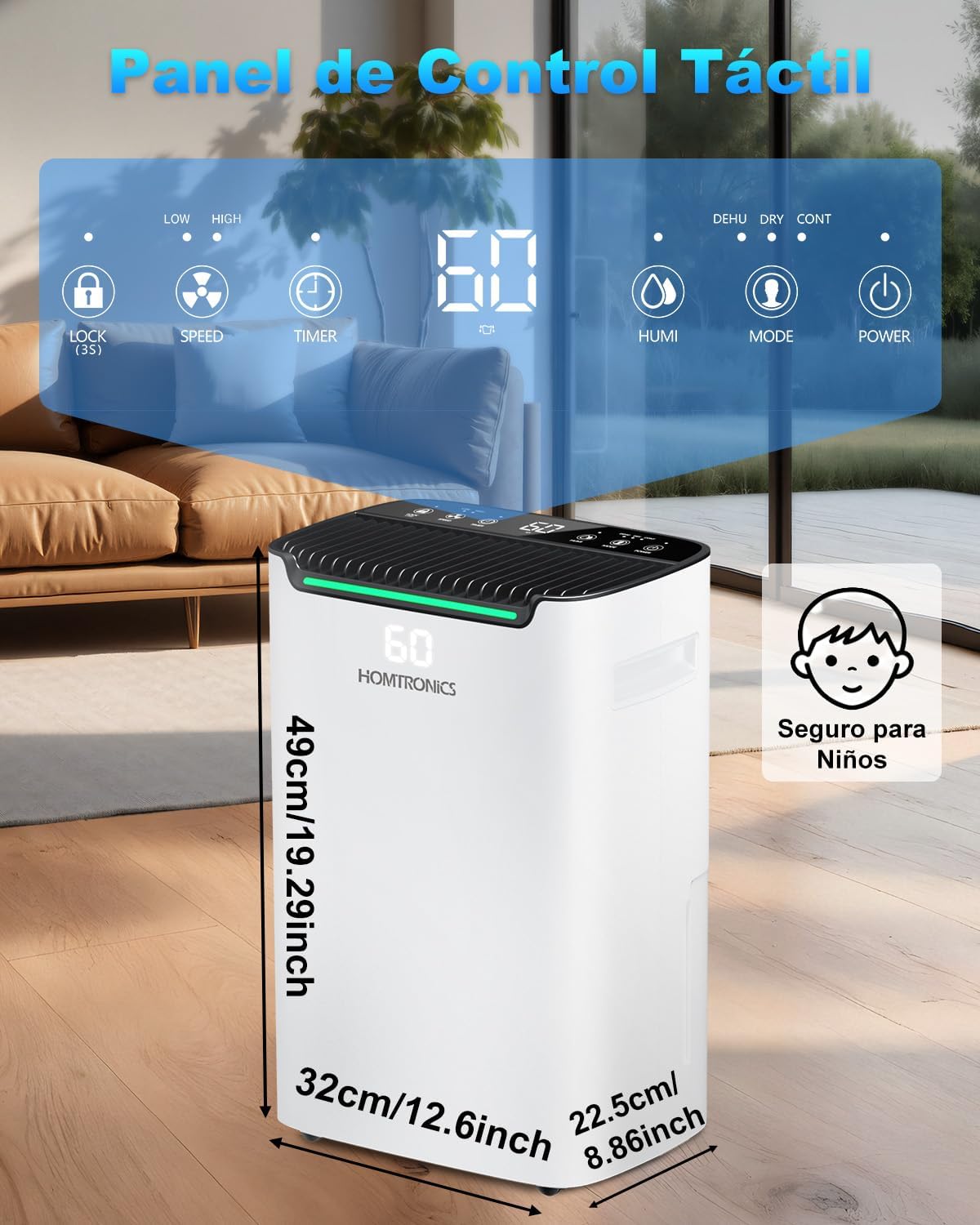 Homtronics Dehumidifier with control panel details and dimensions