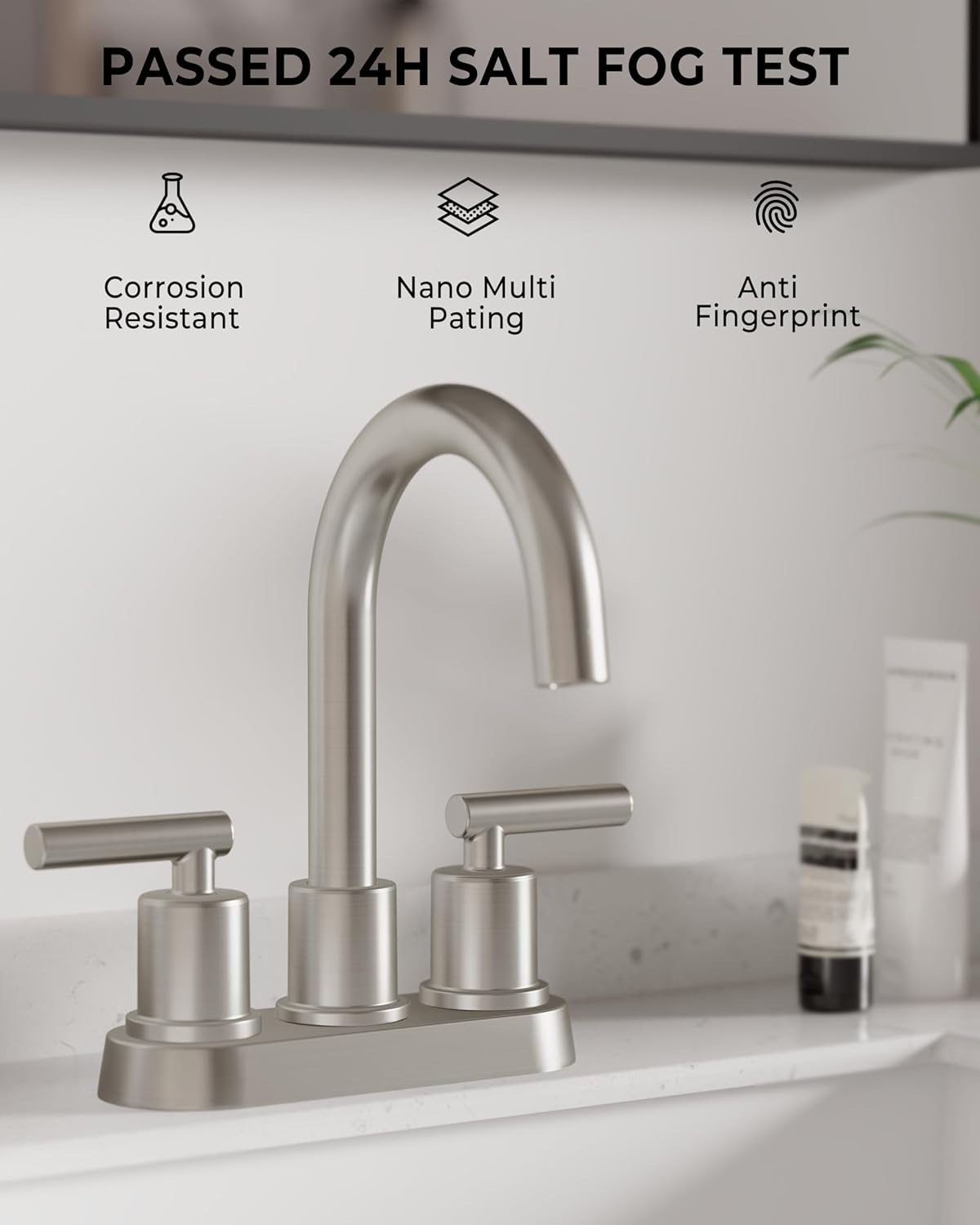 VXV Bathroom Sink Faucet 4 Inch 2 Handle Centerset Modern 360 Rotating Brushed Nickel Water Faucet with Pop-up Drain Stopper Assembly Supply Line Fits 2 Hole