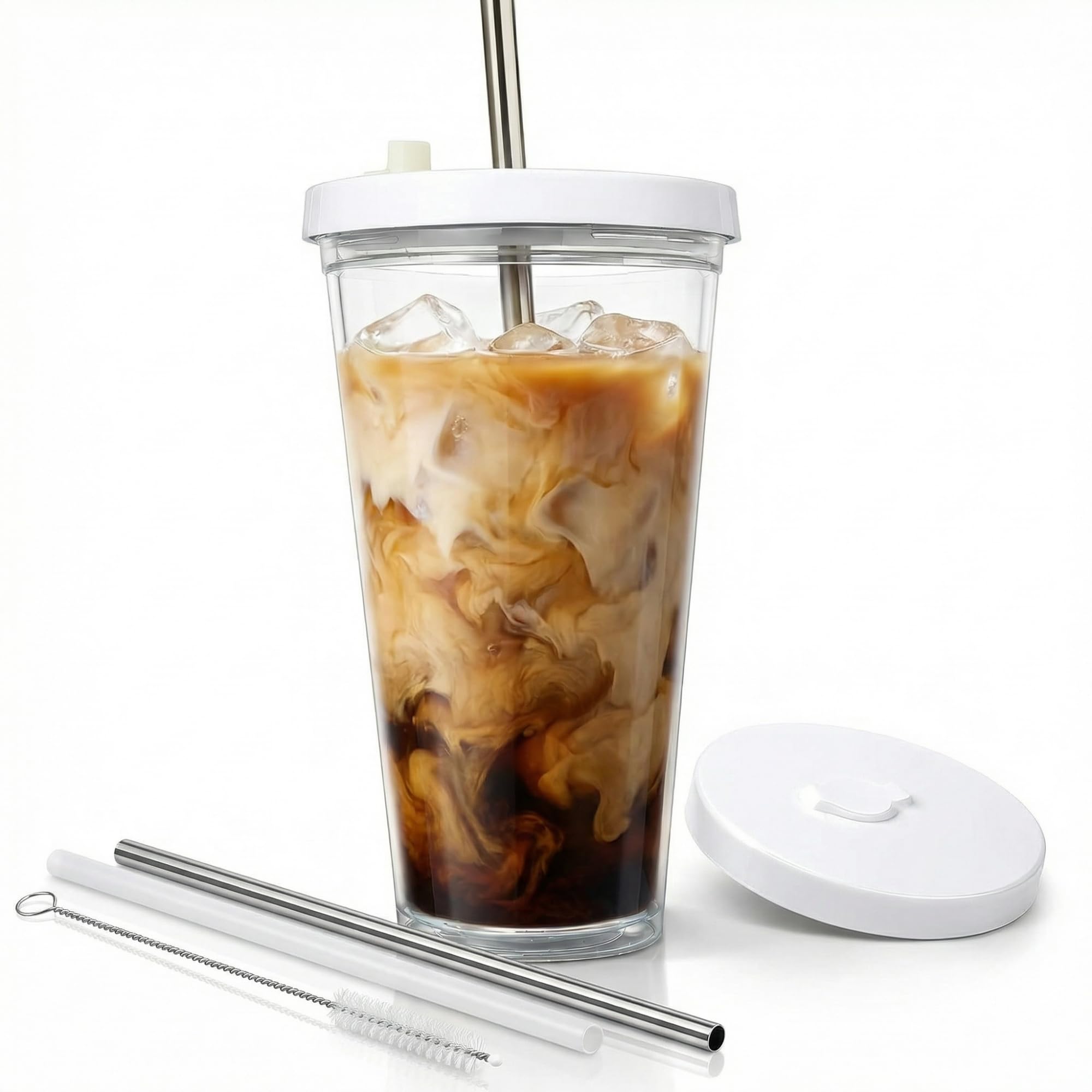 Amazon.com | Reusable Iced Coffee Cup with Lid and Straw, 24 oz/Venti,  BPA-Free Double-Wall Insulated Plastic Tumbler for Cold Drinks, Includes  Clear Plastic Straw, Stainless Steel Straw and Cleaning Brush, White:  Tumblers