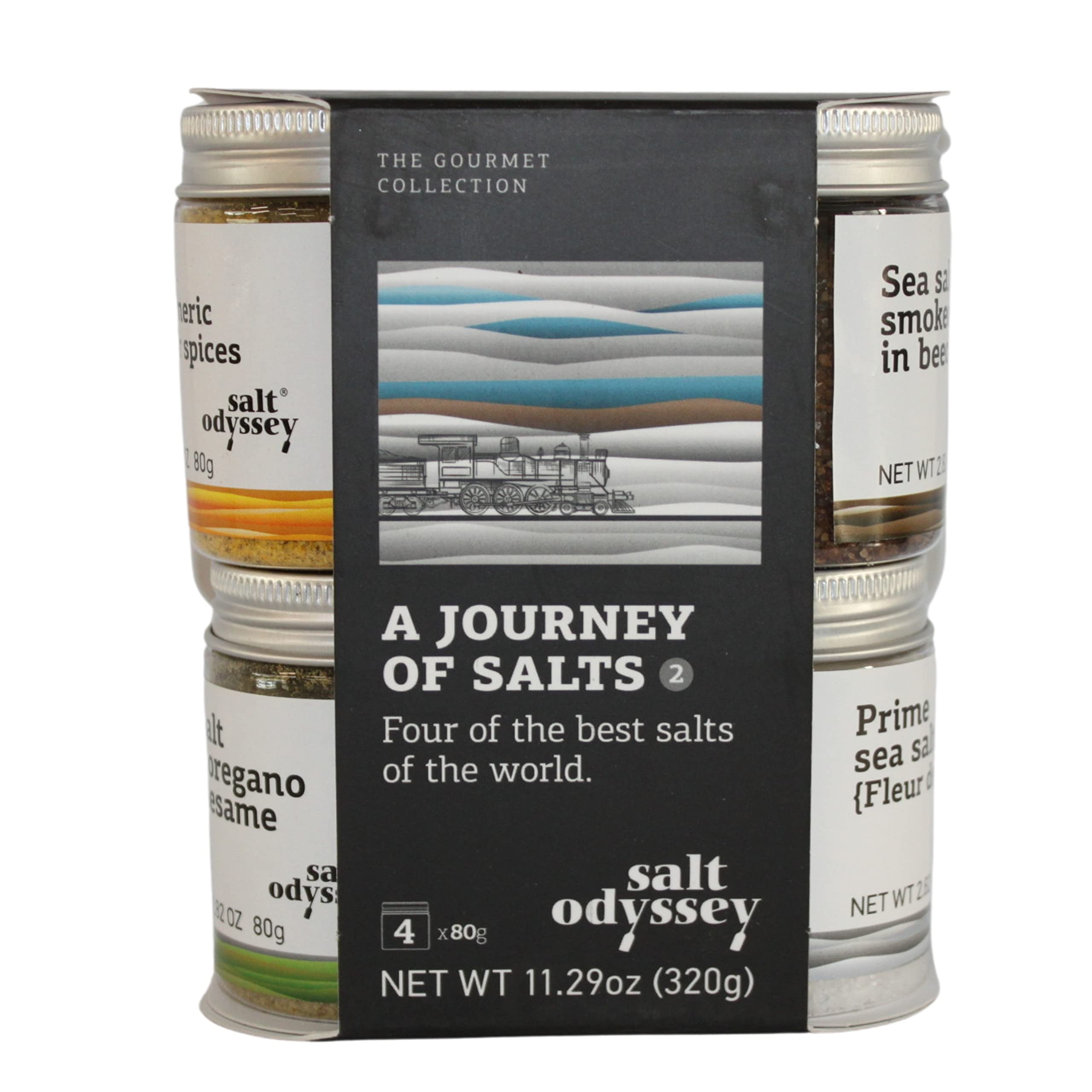 Salt Odyssey Combo Salts of the World – 4 x 80 g | Smoked Sea Salt | Fleur de Sel | Sea Salt with Turmeric, Mustard, Curry & Sumac | Sea Salt with Oregano, Sesame, Thyme & Spearmint