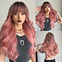 Vista 6 de EMMOR Peluca larga color rosa degradado para mujer, pelucas sintéticas de cabello rizado natural con raíz oscura y explosión, uso diario