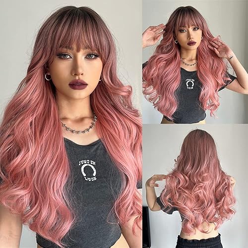 Miniatura 7 de EMMOR Peluca larga color rosa degradado para mujer, pelucas sintéticas de cabello rizado natural con raíz oscura y explosión, uso diario para