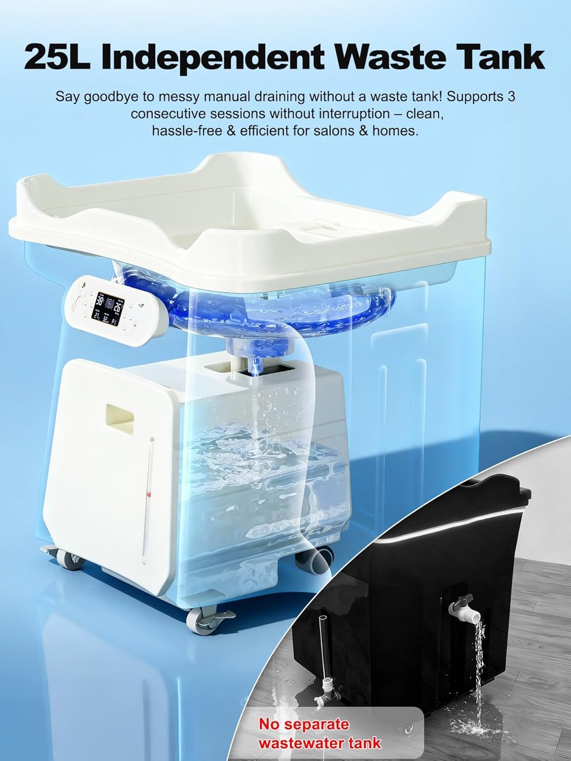 Japanese Head Spa Equipment, Portable Bed with Height-Adjustable Water Circulation, 58% Energy Saving (1600W), IPX4 Protection, 25L Waste Tank for Home Salon Scalp Care