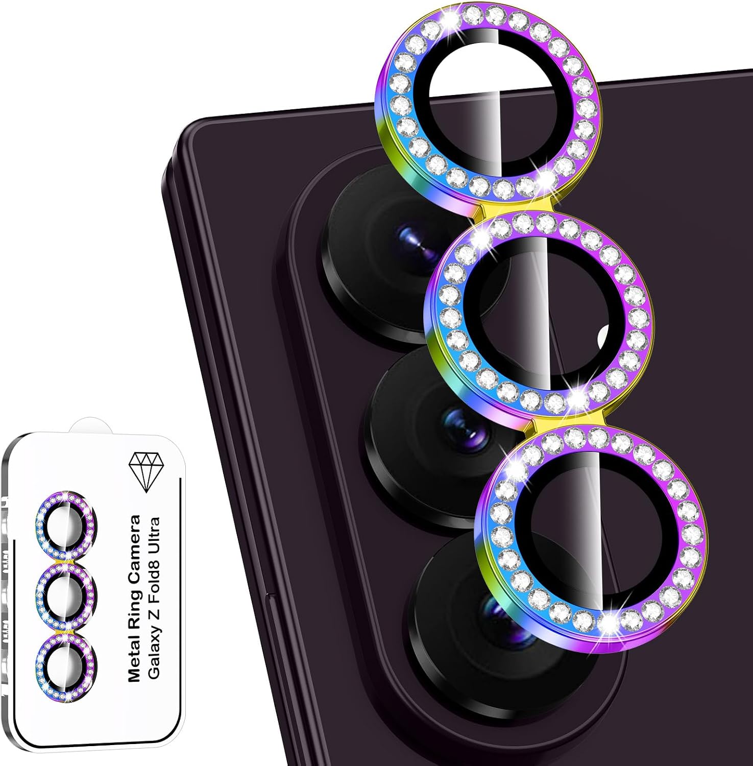 for Samsung Galaxy Z Fold 8 Ultra Camera Lens Protector, Individual Metal Ring Tempered Glass Lens Cover, [Strong Adsorption] Scratch Resistant Ultra-Thin HD Clear Lens Cover, 1 Set-Colorful Diamond