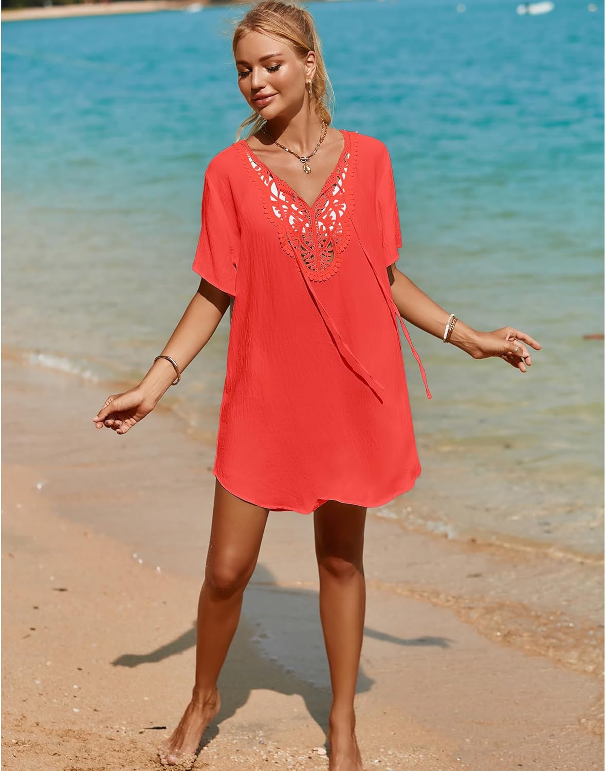 SimpleFun Womens Swimsuit Coverup Lace Crochet V Neck Bathing Suit Cover Up Dress Beach Cover Ups for Swimwear - Image 5