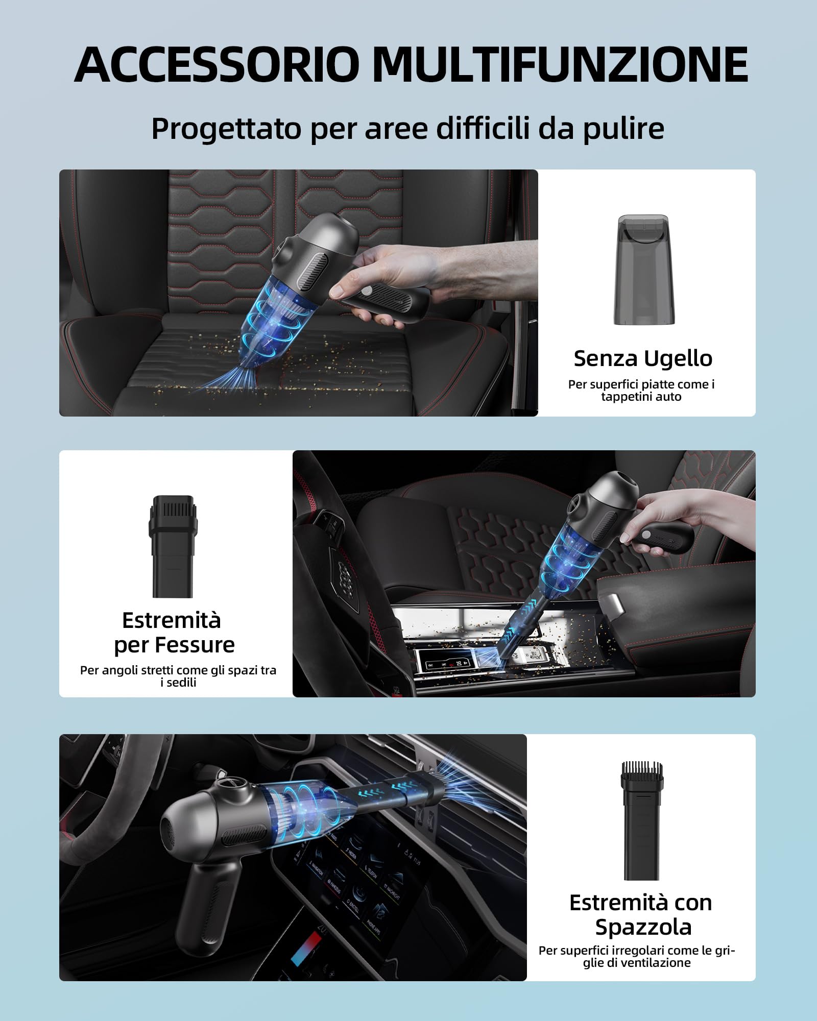 EBOSSOM Aspirapolvere Portatile Senza Fili, 12KPA Aspirabriciole Potente,4 in 1 Mini Aspirapolvere Auto Senza Fili,USB-C Ricaricabile Aspirapolvere Piccolo per Auto,Ufficio,Pulizia Cas(Nero,12KPA)