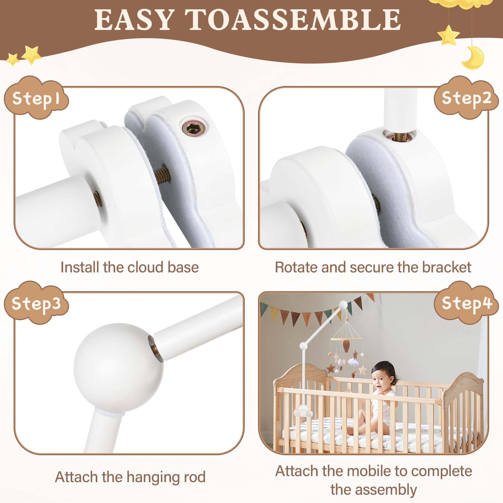 Support Mobile Bebe Bois, Rotatif Support pour Mobile Bébé en Forme de Nuage, Fixation Stabilisée, pour Berceaux, Carillons éoliens et Tables à Langer, Blanc