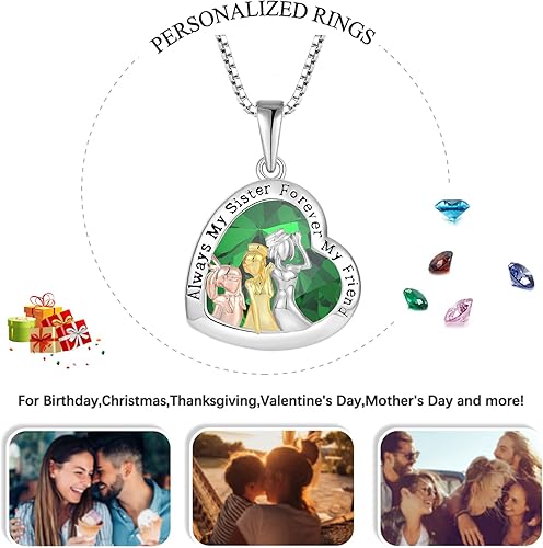 Miniatura 5 de Collar de 3 hermanas de plata de ley 925, collar con piedra natal de corazón de amor Always My Sister Forever Gifts My Friend for Sister Jewelry