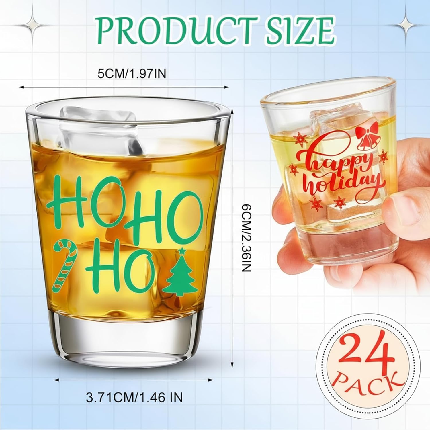 Uiifan 24 Pcs Christmas Shot Glasses Bulk 2 Oz/ 60 ml Tequila Whiskey Glass Decor Cup Clear Liquor Drinking Glassware for Women Men Themed Party Favors Gift(Chic Style)