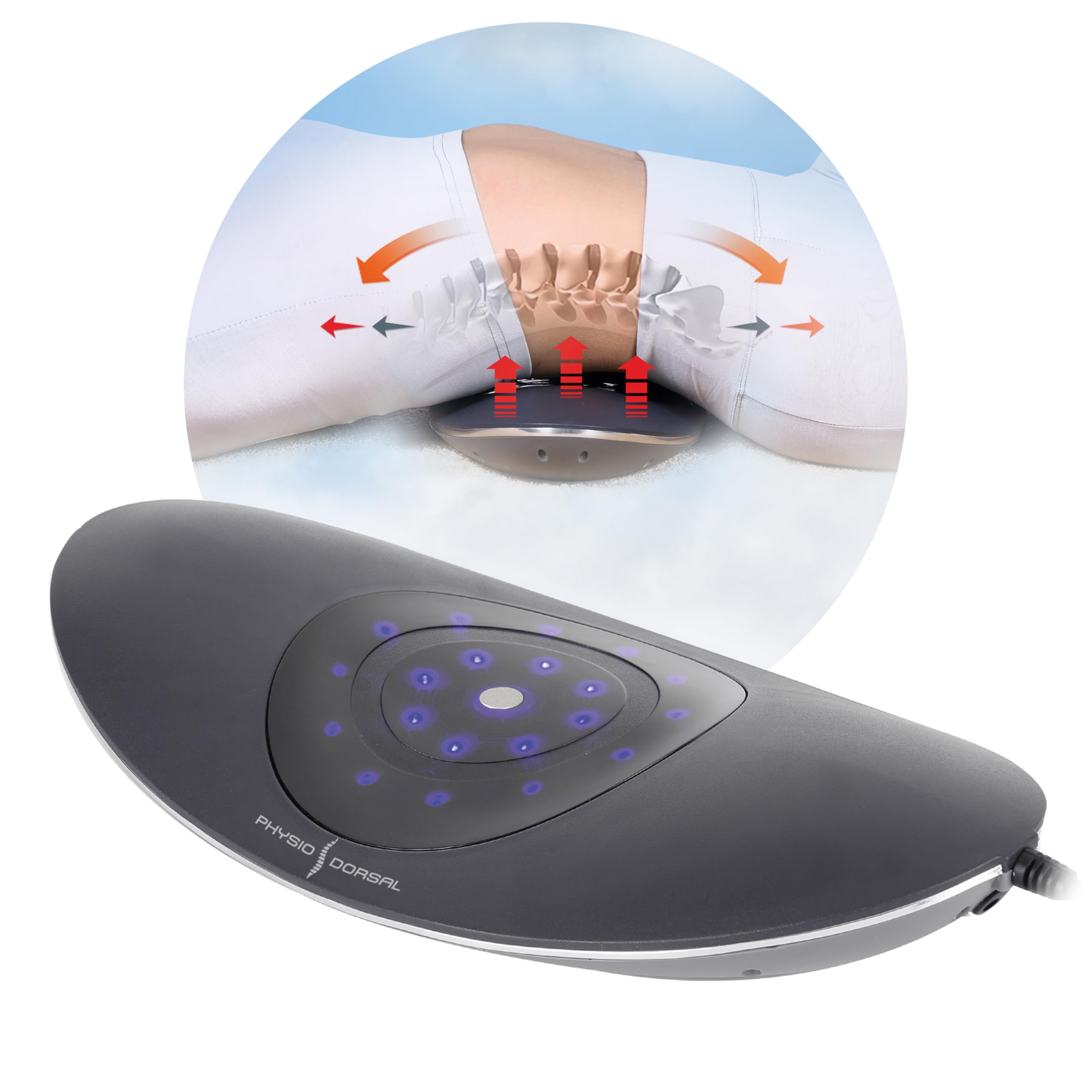 PHYSIO DORSAL 5 en 1: Sistema de estiramiento lumbar-dorsal. Ayuda a aliviar el dolor de espalda y dolencias derivadas. 5 Terapias: Presoterapia, Masaje, Magnetoterapia, Termoterapia e Infrarrojos