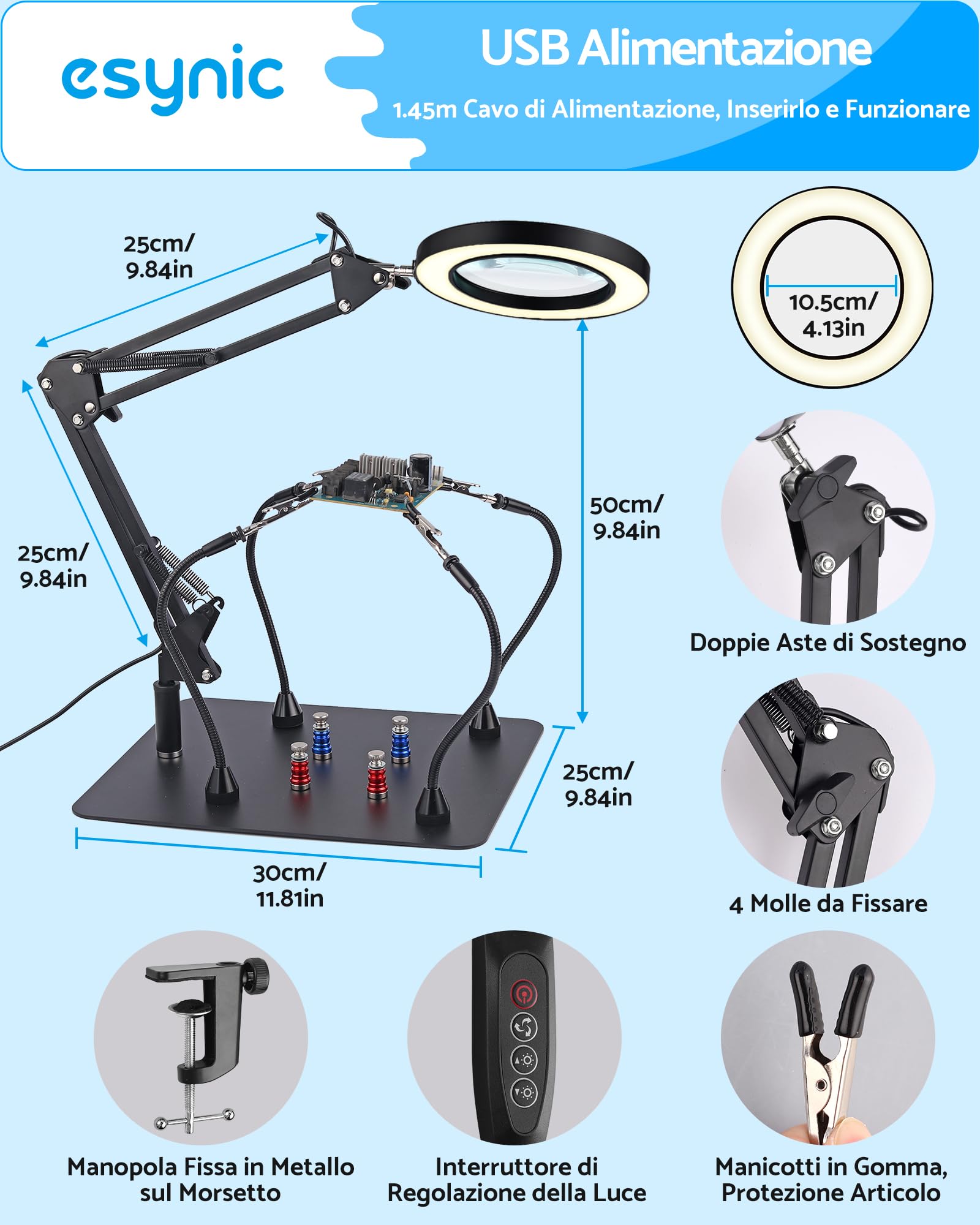 eSynic Lente di Ingrandimento 8X da Tavolo con Luce 72 LED, 10 Luminosità Regolabile e 3 Colori, Stazione d'Ingrandimento con 4 Colonne Magnetiche Flessibile a Clip Apertura 5,5cm per Saldatura