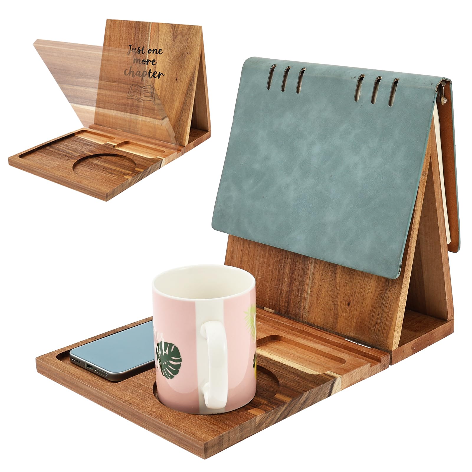 Buchständer Holz,Faltbarer Kleines Lese Bücherregal,Dreieckiger Buchhalter mit Seitenhalter,für Tasse,Handy,Buch und Tablet,Ideal für Leseratten und Bücherwürmer(braun)