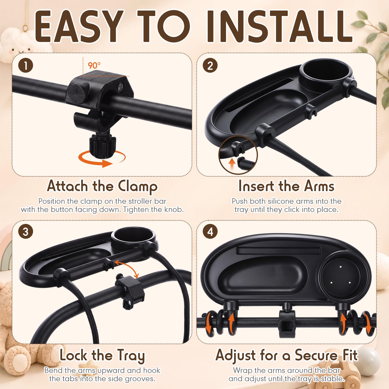 Tallew 2 vassoi universali per snack per passeggino con portabicchieri per telefono 3 in 1, attacco per passeggino con impugnatura in silicone, accessori per passeggini per bambini, snack, passeggiate