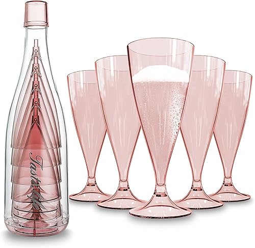 Copas de champán de plástico, 5 copas de champán en botella de vino, inastillables, reutilizables, sin BPA, copas de champán de plástico, juego de