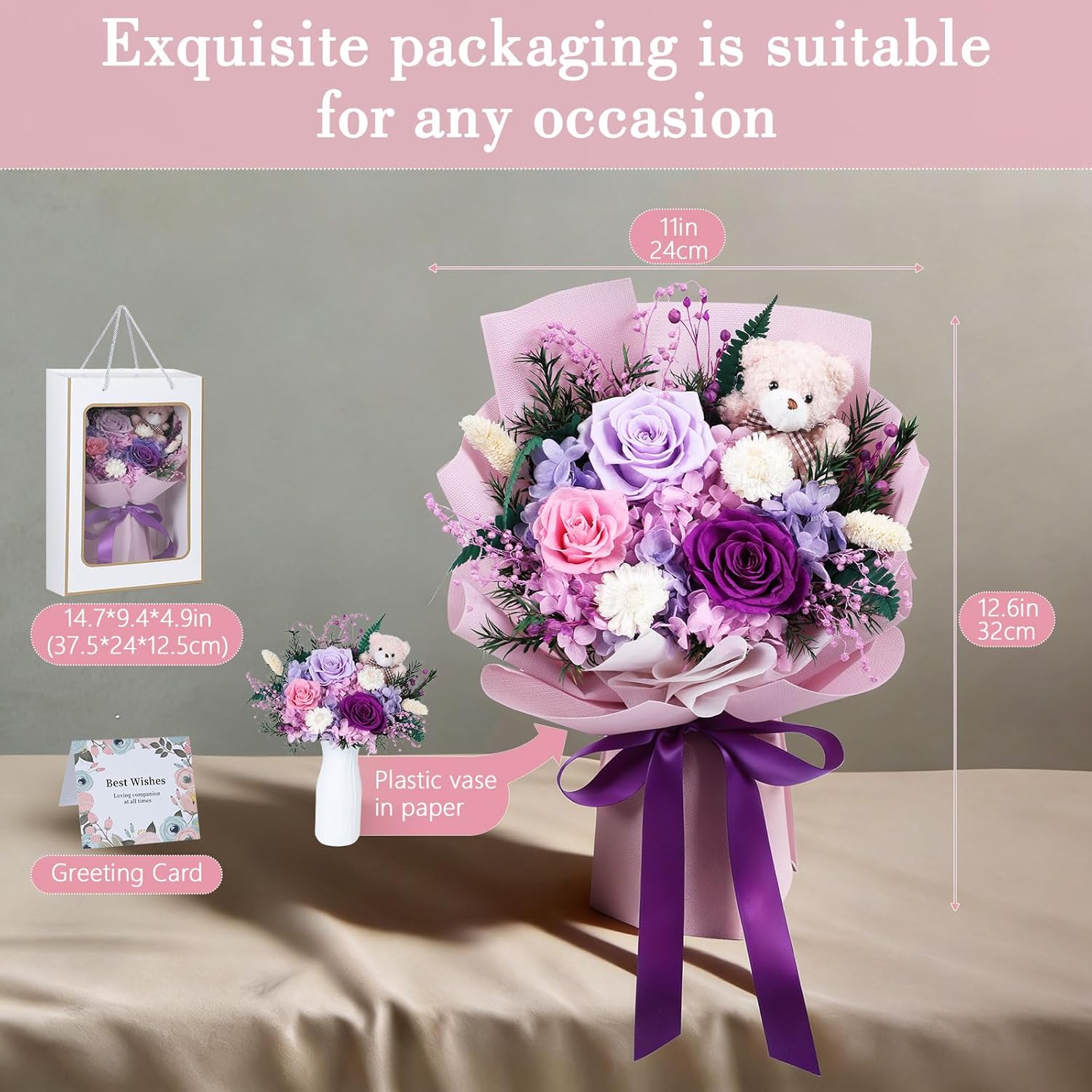 mapleway Preserved Flowers Bouquet with Bear, Long-Lasting Eteranl Flowers for Delivery Prime, 3 Roses Mixed Bouquet Forever Flowers Gifts for Mon Girlfriend Wife Her Anniversary Ceremony Birthday